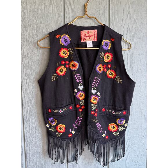Vintage Joujou Black Floral Fringe Embroidered Vest, Size Small - Picture 1 of 4